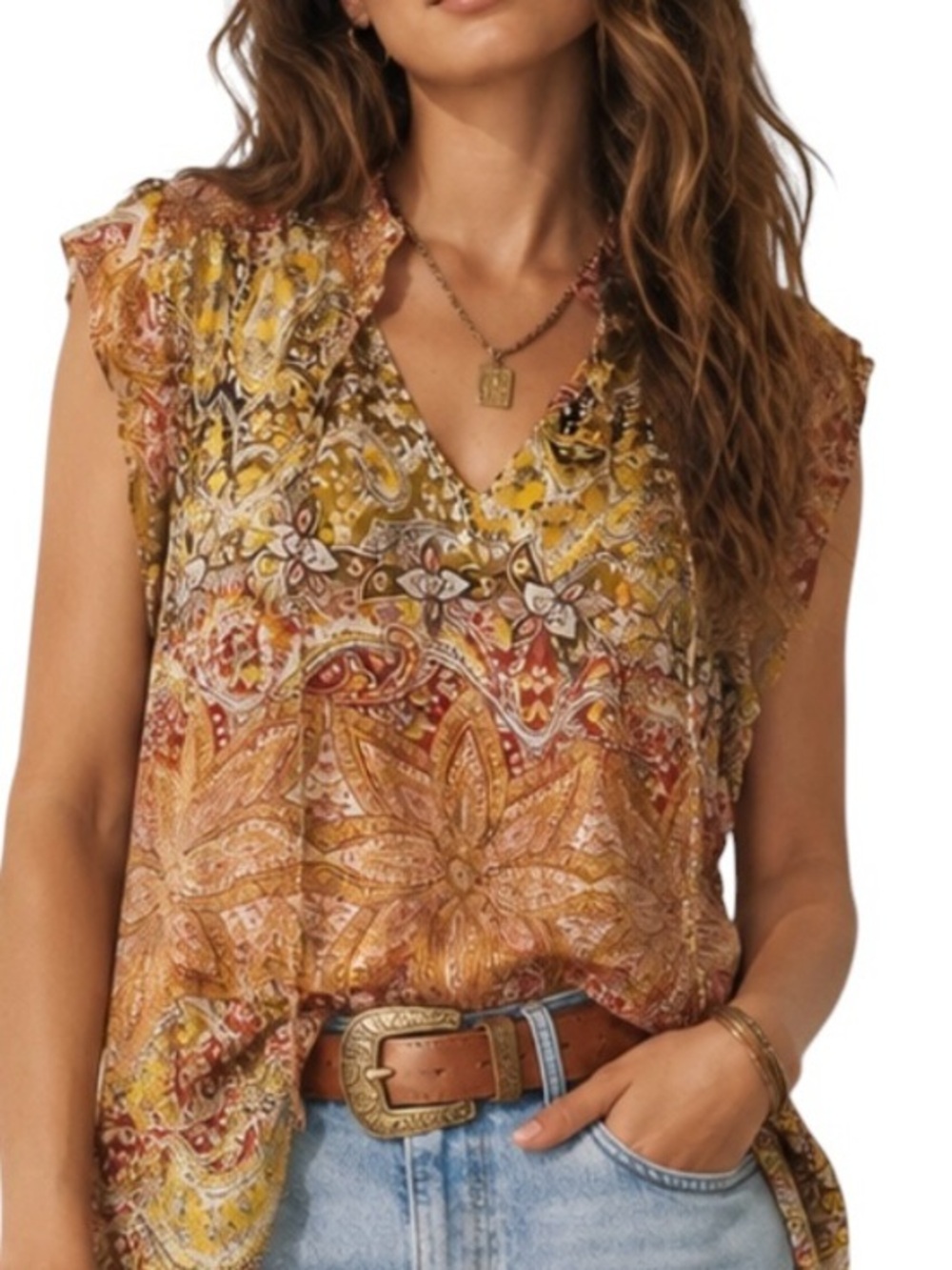 Rachel Zoe Women's Semi Sheer Boho Floral Paisley Cap Sleeve Blouse